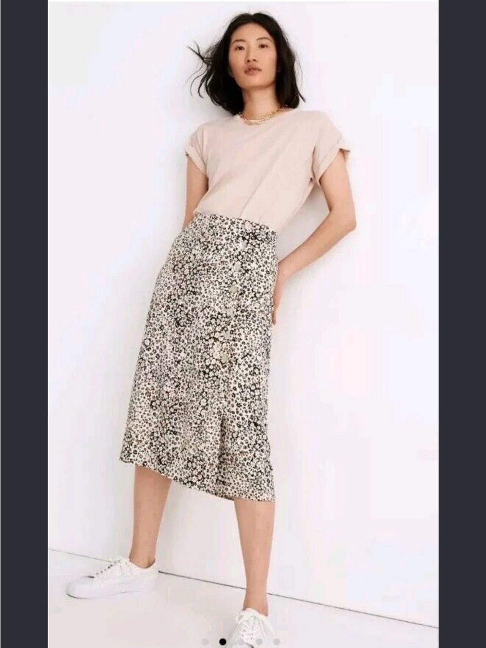 Madewell Cream Midi wrap Skirt with Black Floral Print